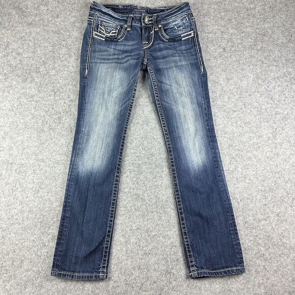 Vigoss Dublin Straight Jeans Womens 5 Low Rise Dark Wash Rhinestone Thick Stitch - Picture 6 of 16